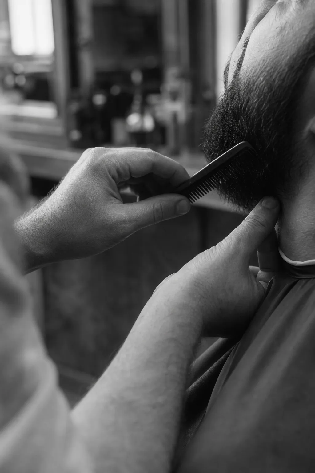 Original demo image showing close-up beard grooming with a comb