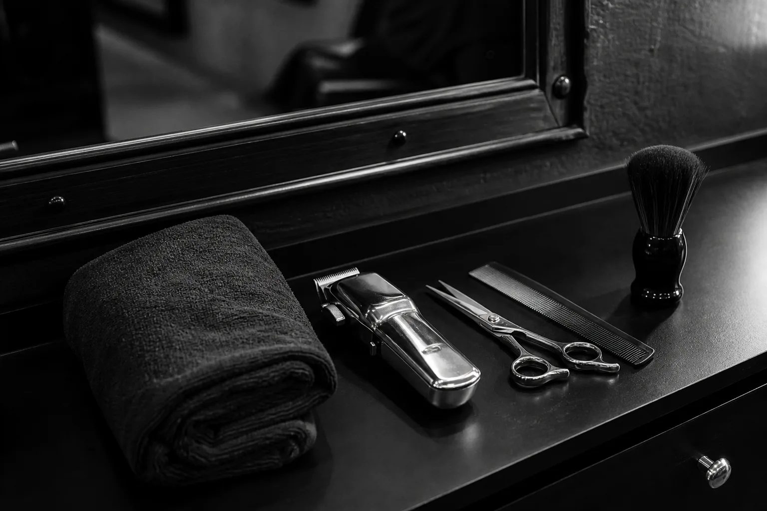 Original demo image of clippers, scissors, combs, and brushes at a barber station