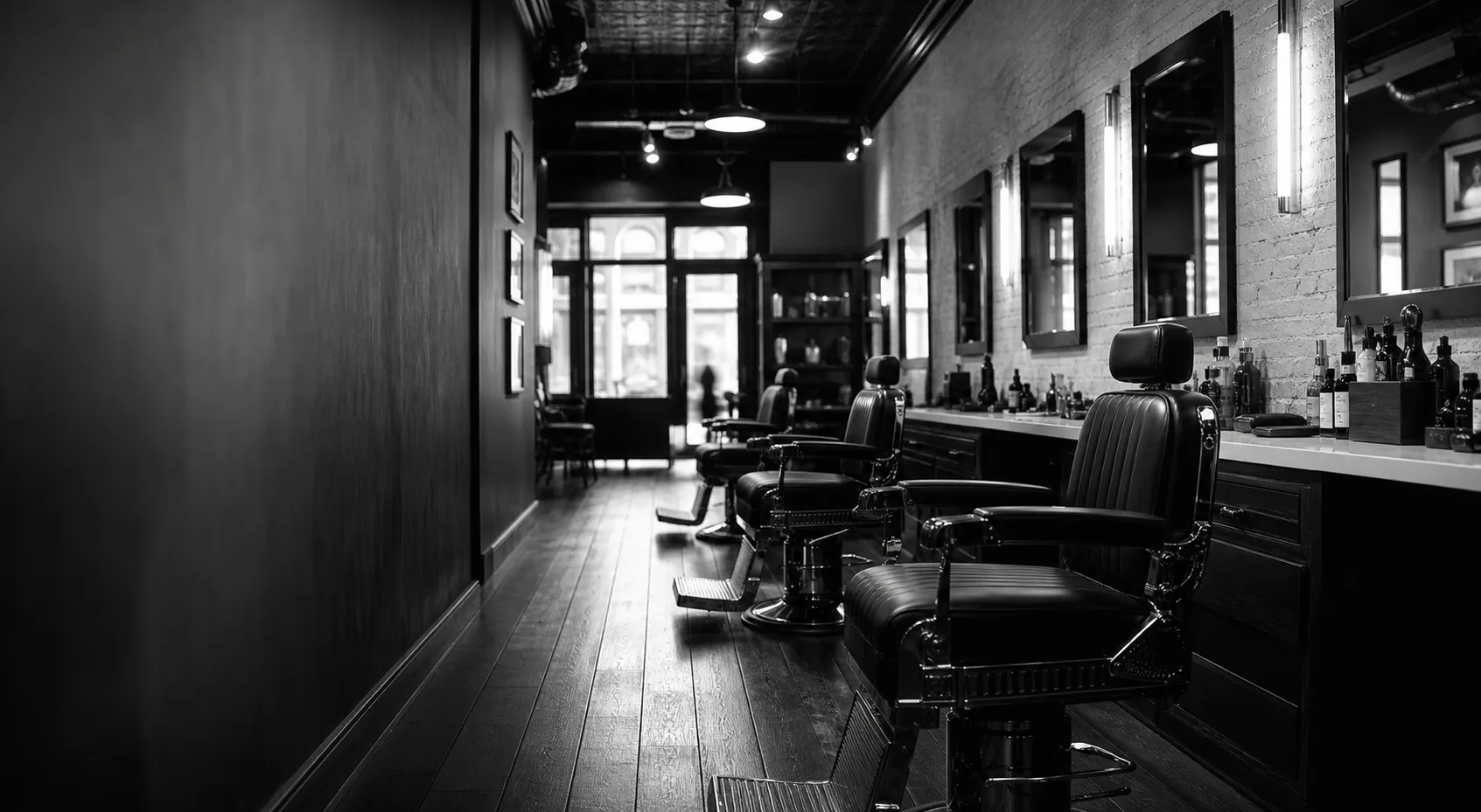 Original demo image of a monochrome barbershop interior with leather chairs and mirrors